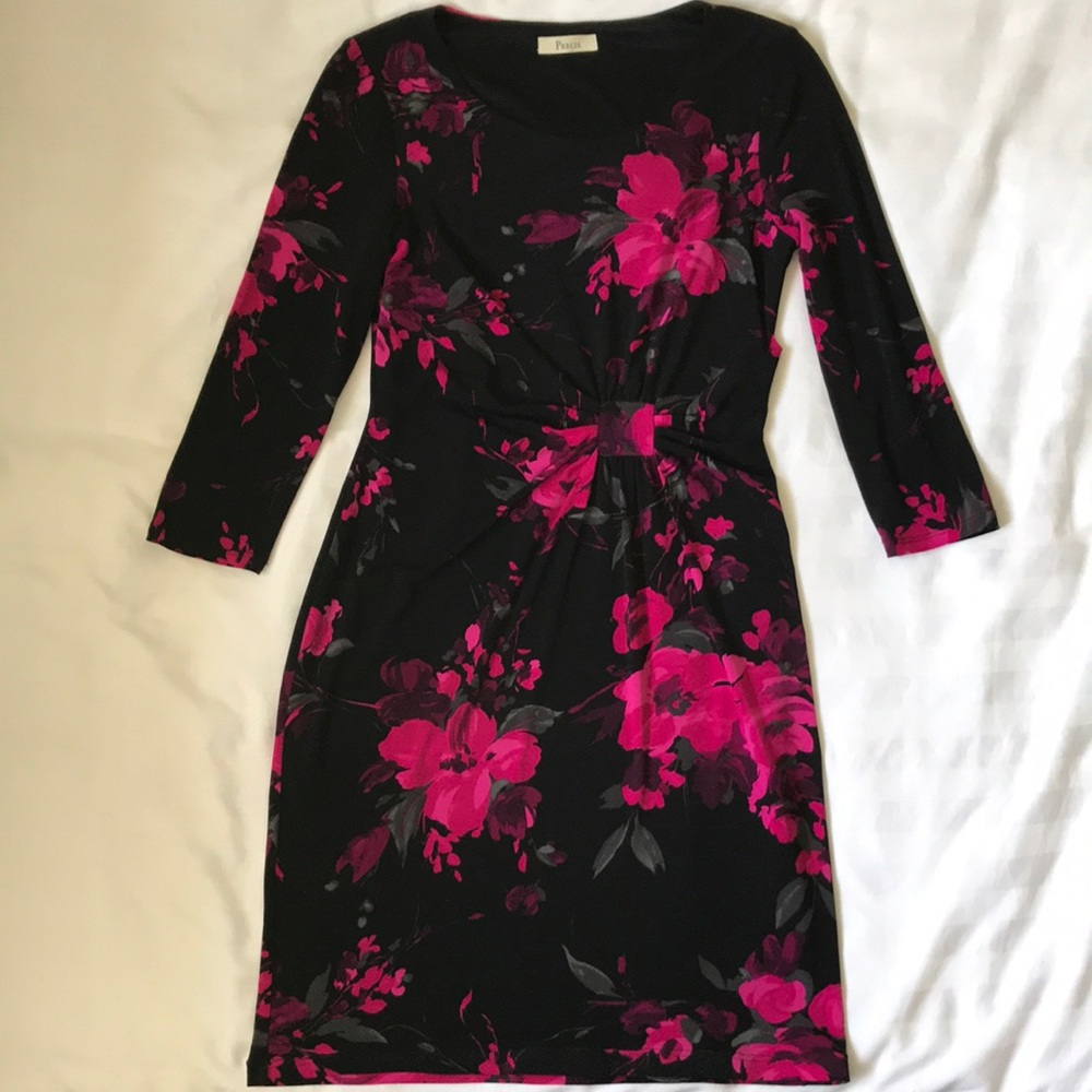 Précis british brand petite lined jersey black w dark pink floral 3/4 sleeve EUC